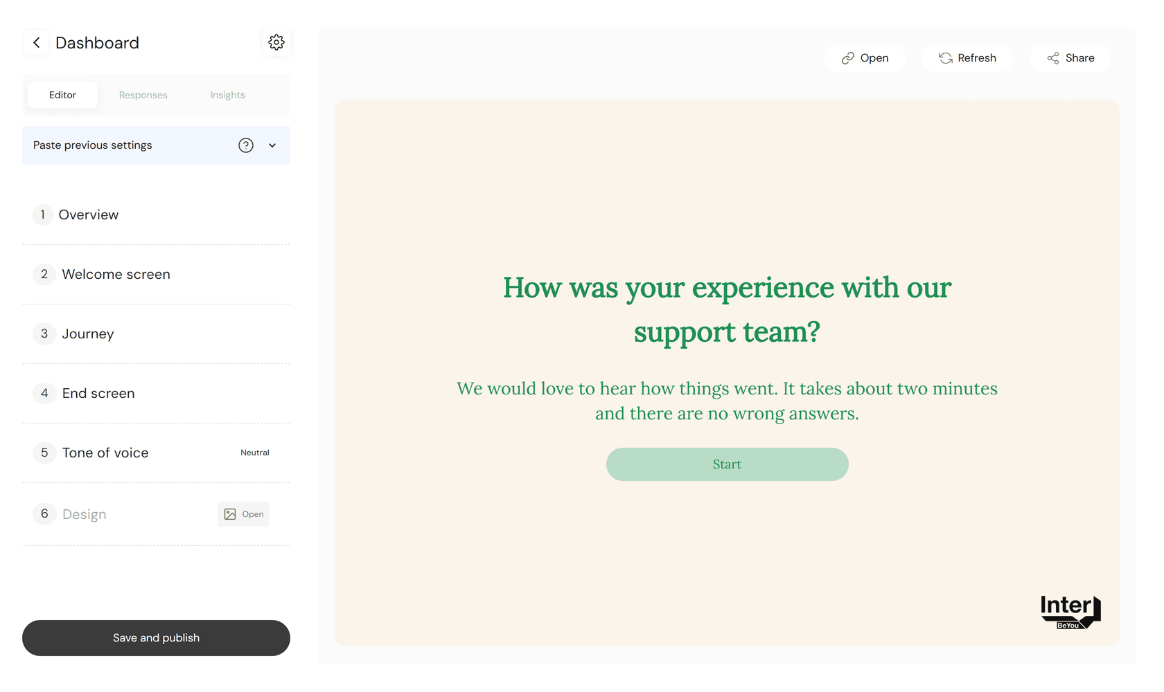The InterBeYou survey editor: Overview, Welcome screen, Journey, End screen, Tone of voice and Design, with a live preview of the survey