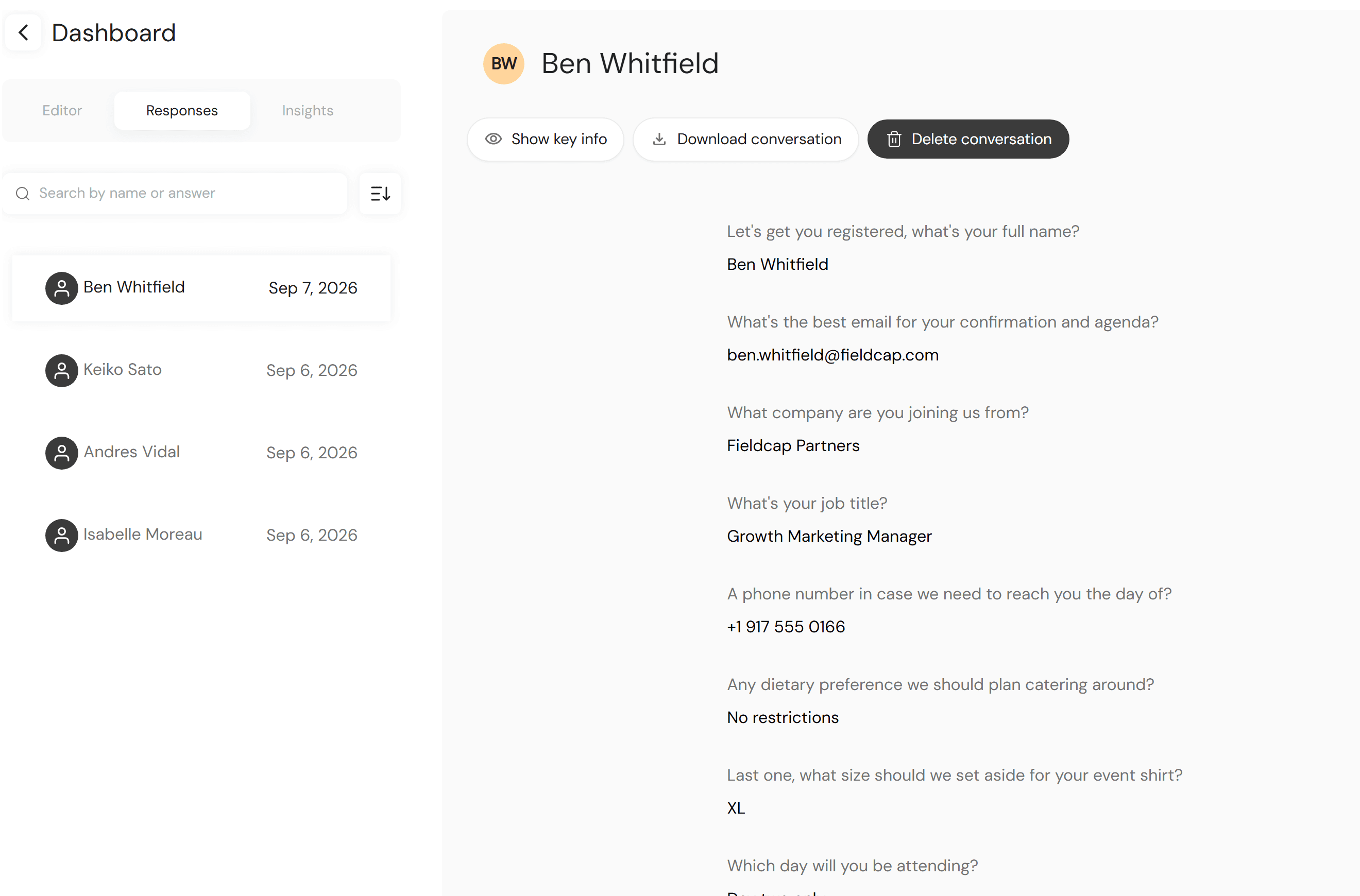Responses in InterBeYou: the list of people who answered and one full conversation, question by question