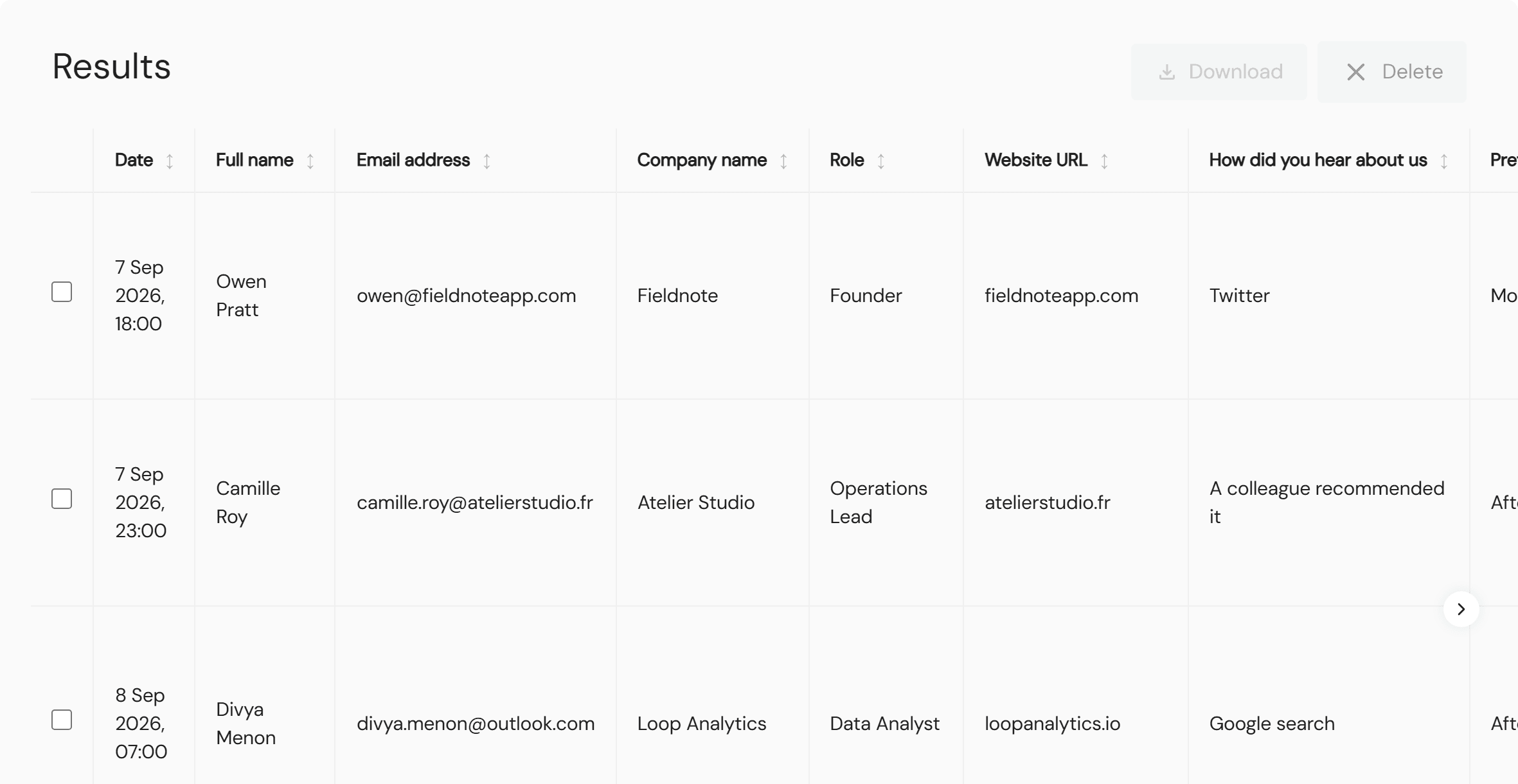 Results table: every answer in its own column, one row per person