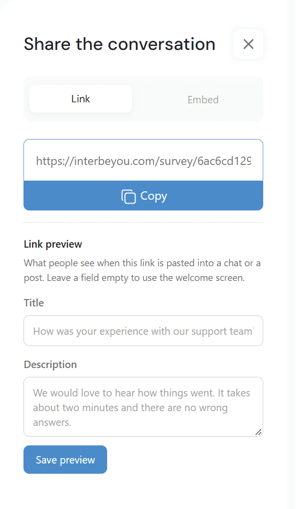 Share the conversation: copy the survey link, or set the link preview shown in chats